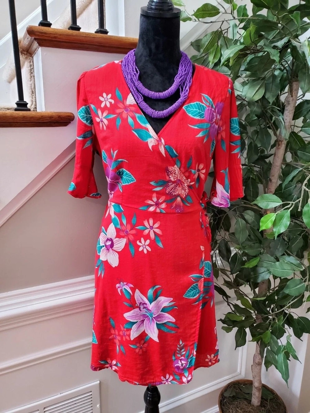Old Navy Red Floral Wrap Dress with Teal & Purple Accents Size XXL